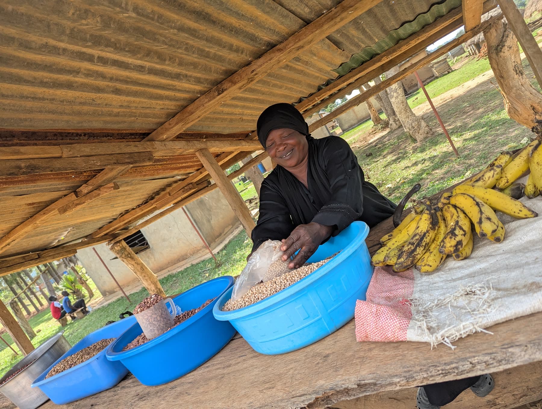 Woman sorting beans and bananas at a market stall